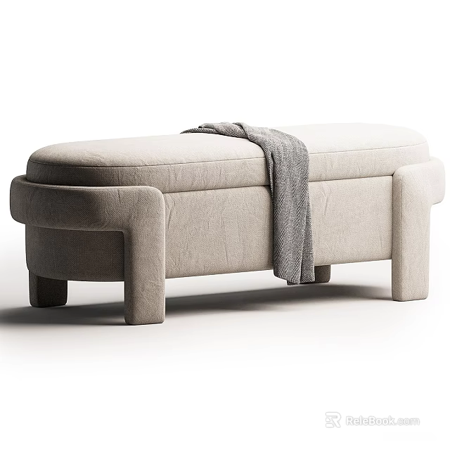 Modern Beige Fabric Upholstered Sofa Bench With Thick Cushion Sturdy Legs And Gray Blanket 3d model 