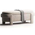 Modern Beige Fabric Upholstered Sofa Bench With Thick Cushion Sturdy Legs And Gray Blanket
