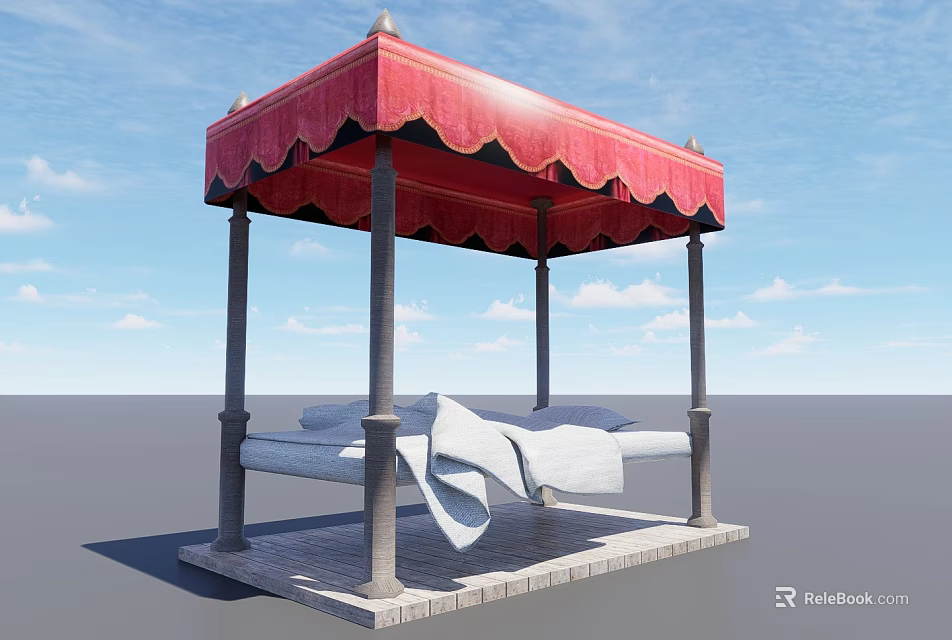 White Outdoor Daybed With Red Canopy Gazebo Style Structure And Stone Base 3d model 
