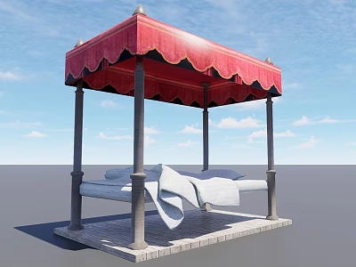 White Outdoor Daybed With Red Canopy Gazebo Style Structure And Stone Base 3d model
