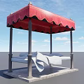 White Outdoor Daybed With Red Canopy Gazebo Style Structure And Stone Base
