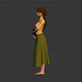 3D Female Character In Yellow Top And Green Long Skirt Holding Book Against Gray Background