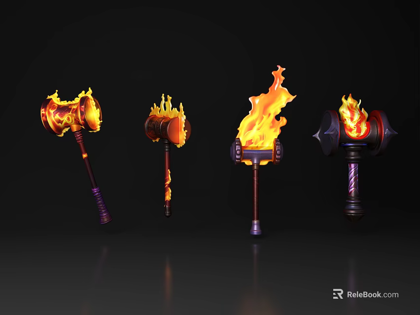 Four Flaming Hammers with Various Stylish Designs Displayed on Dark Background 3d model 