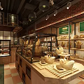 Vintage Dessert Shop Interior With Brick Wall Wooden Counter Cake Display And Pendant Lights