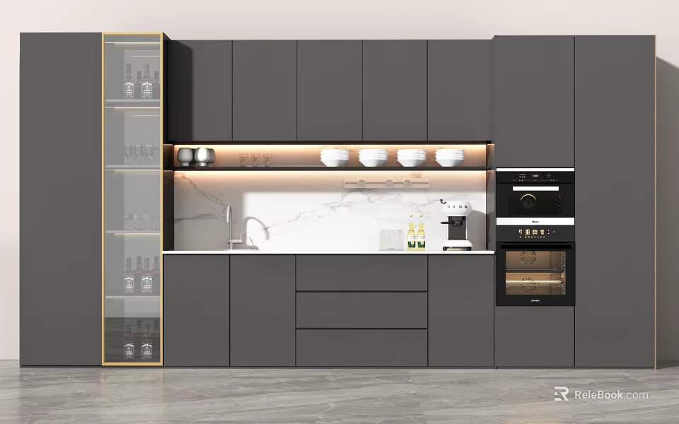 Modern Open Kitchen Featuring Stylish Wine Cabinet With Glass Door And Gold Accent Design 3d model 