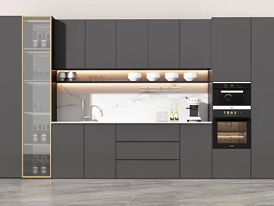 Modern Open Kitchen Featuring Stylish Wine Cabinet With Glass Door And Gold Accent Design 3d model