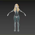 Futuristic Woman With Long Blonde Hair And Mechanical Arms In Dark Bodysuit