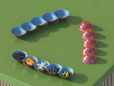 Assorted Food Ingredients in Blue Bowls and Red Cups Arranged on Green Surface 3d model