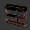 Decorative Metal Storage Shelf With Wrought Iron Scrolls And Drawers