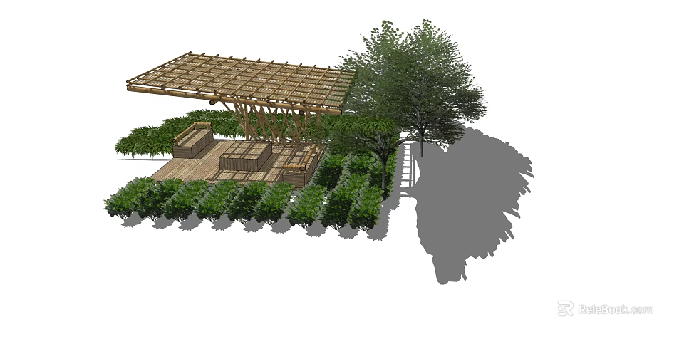 Wooden Pergola Structure In Garden With Greenery Trees And Wooden Platform Seating 3d model 