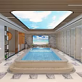 Modern Indoor Swimming Pool With Glass Skylight Seating Area And Green Plants