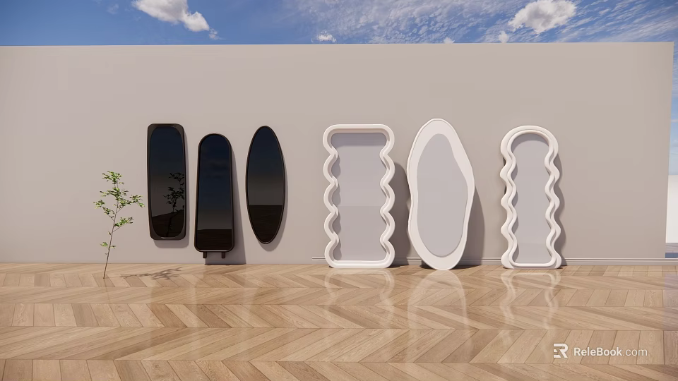 Various Shaped Mirrors Against White Wall With Small Green Plant Wooden Floor and Blue Sky 3d model 
