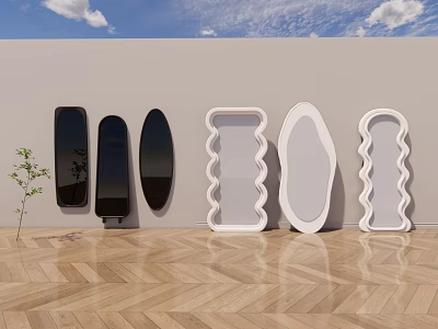 Various Shaped Mirrors Against White Wall With Small Green Plant Wooden Floor and Blue Sky 3d model