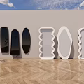 Various Shaped Mirrors Against White Wall With Small Green Plant Wooden Floor and Blue Sky