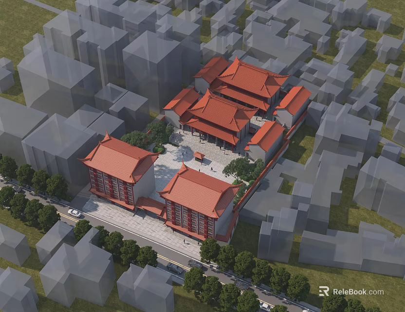 Ancient Architecture With Traditional Red Roofs Amidst Modern Urban Buildings And Greenery 3d model 