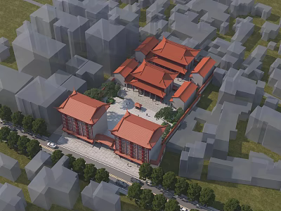 Ancient Architecture With Traditional Red Roofs Amidst Modern Urban Buildings And Greenery 3d model