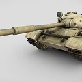 Military Tank with Long Cannon Visible Tracks and Weathered Beige Exterior