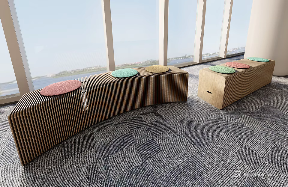 Public Chairs With Curved Striped Design And Colorful Round Cushions By Large Windows 3d model 