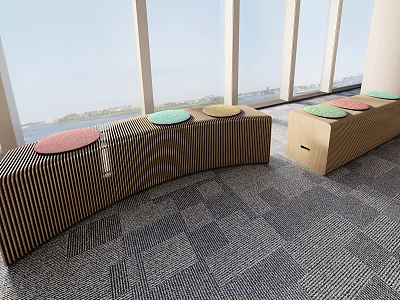 Public Chairs With Curved Striped Design And Colorful Round Cushions By Large Windows 3d model