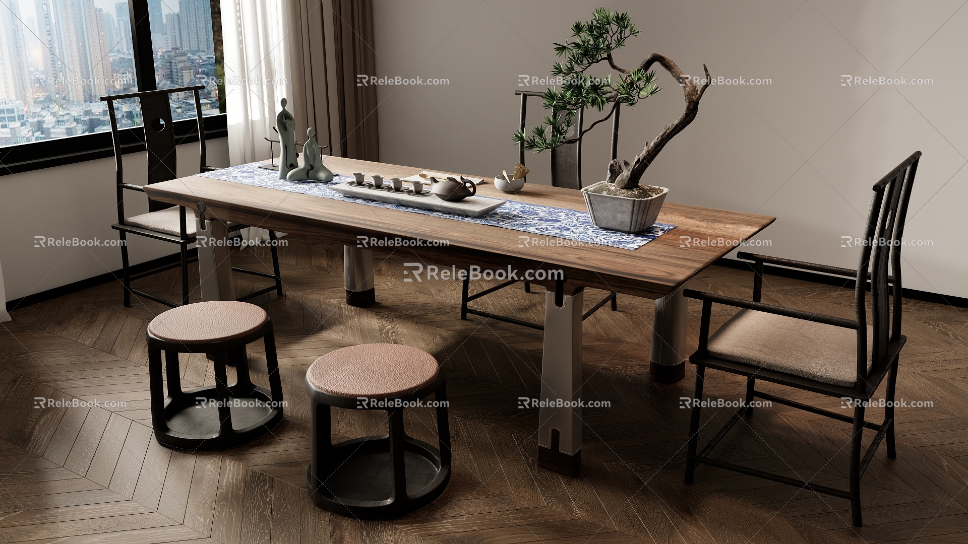 New Chinese Zen Tea Table and Chair Combination 3d model