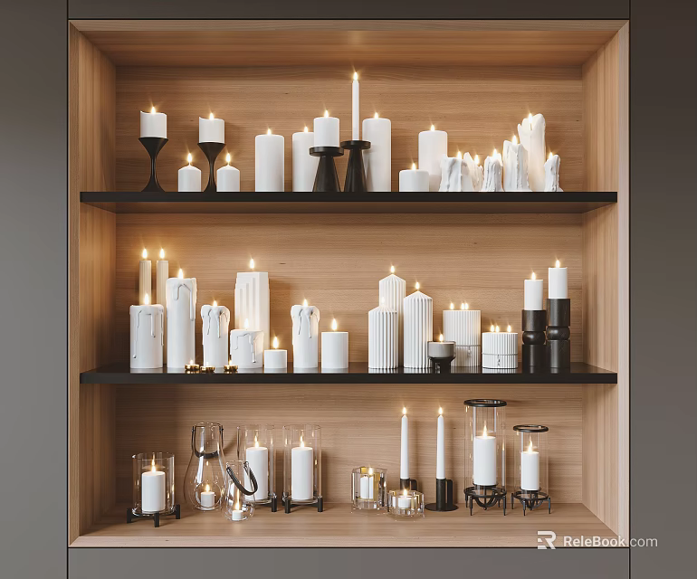 Decorative Ornament Set with Various Candles Different Heights and Styles on Wooden Shelves 3d model 