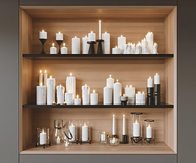 Decorative Ornament Set with Various Candles Different Heights and Styles on Wooden Shelves 3d model