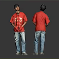 Two Men Wearing Red T Shirts And Blue Jeans With Front And Back Views On Gray Background