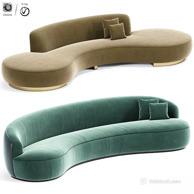 Modern Curved Sofas In Brown And Green Velvet With Gold Legs And Cushions 3d model 