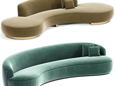 Modern Curved Sofas In Brown And Green Velvet With Gold Legs And Cushions 3d model