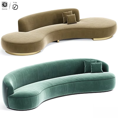 Modern Curved Sofas In Brown And Green Velvet With Gold Legs And Cushions 3d model