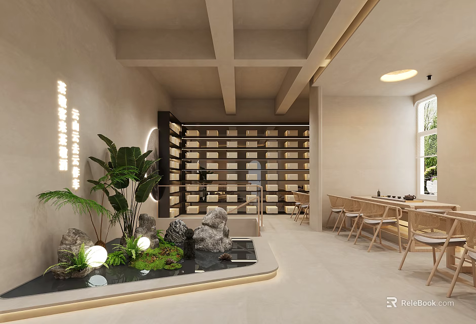 Modern Teahouse Interior With Plants Water Rocks And Wooden Furniture 3d model 