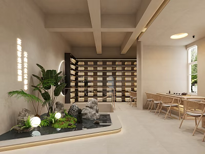 Modern Teahouse Interior With Plants Water Rocks And Wooden Furniture 3d model