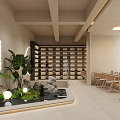 Modern Teahouse Interior With Plants Water Rocks And Wooden Furniture