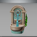 Ornate Arch Shaped Fountain With Decorative Circular Center Turquoise Accents Green Leaf And Basin Base