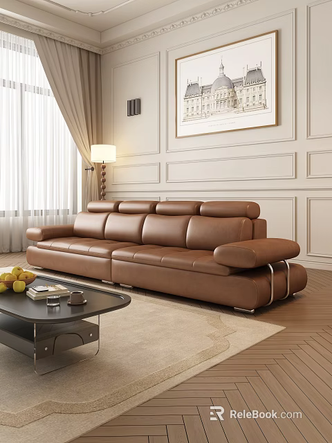 Brown Leather Multi Seater Sofa In Modern Living Room With Coffee Table And Floor Lamp 3d model 