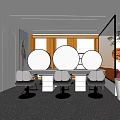 Modern Open Beauty Salon With Three Round Mirrors Black Chairs Marble Countertops And Green Plant