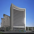 Modern Tall Office Building With Glass Curtain Wall And Surrounding Residential Buildings