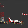 Red and White Airplane Miniature Scene with Tower Figures and Checkered Flag