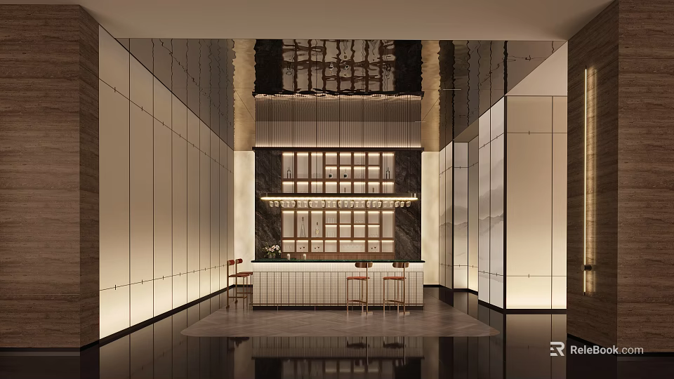 Modern Elegant Bar Interior With Shelves Bar Counter And Stools 3d model