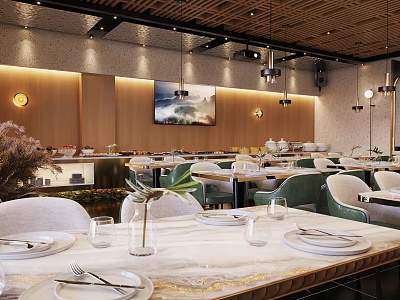 Modern Restaurant Interior With Set Dining Tables Green Chairs Pendant Lights And Decorative Painting 3d model