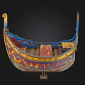 Colorful Traditional Decorative Boat With Painted Blue Yellow Red Patterns And Circular Motifs