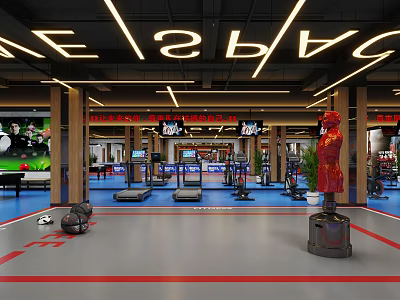 Modern Fitness Gym Interior With Treadmills Fitness Equipment Red Boxing Statue And Large Screens 3d model