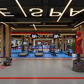 Modern Fitness Gym Interior With Treadmills Fitness Equipment Red Boxing Statue And Large Screens