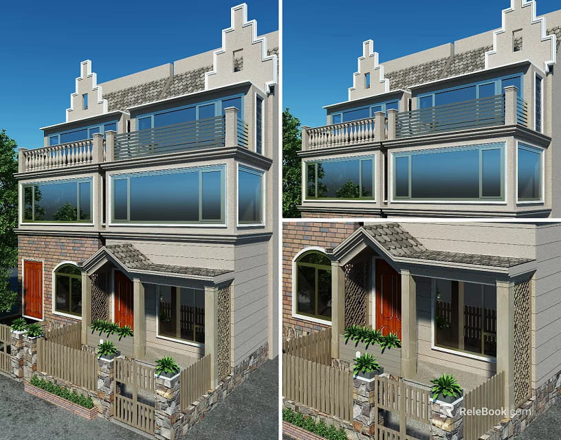 Two Story Detached Villa Exterior With Large Windows Balcony And Stone Finish 3d model 
