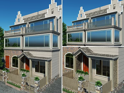 Two Story Detached Villa Exterior With Large Windows Balcony And Stone Finish 3d model