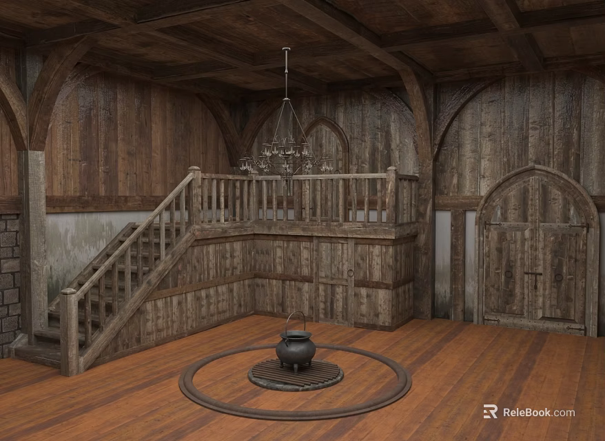 Medieval Wooden Building Interior With Arched Doors Staircase Chandelier And Cauldron Stand 3d model 