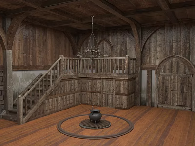 Medieval Wooden Building Interior With Arched Doors Staircase Chandelier And Cauldron Stand 3d model