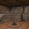 Medieval Wooden Building Interior With Arched Doors Staircase Chandelier And Cauldron Stand