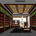 Traditional Chinese Specialty Store Interior With Decorative Ceiling And Product Shelves