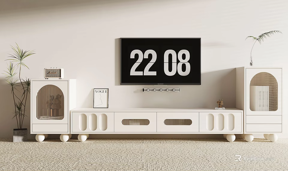 Modern White TV Stand with Round Legs Drawers Open Shelves and TV Radio Photo Frame 3d model 